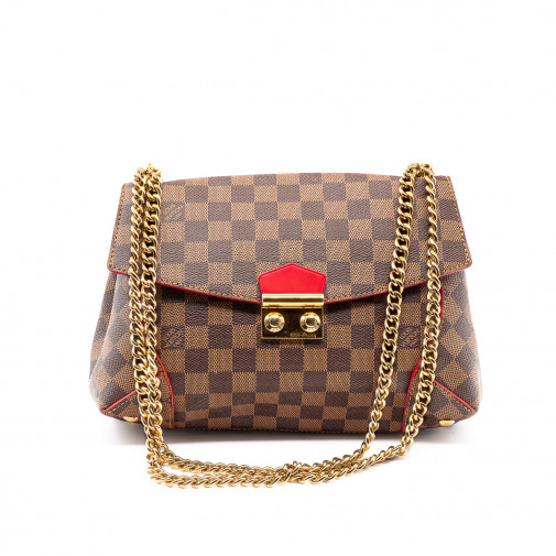 Sac Caissa Clutch Toile Damier et cuir Cerise