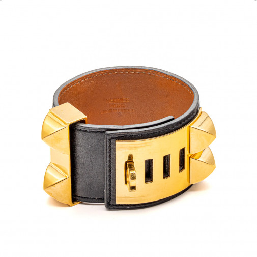 Bracelet Collier de Chien en veau box noir et plaqué or
