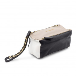 Pochette Pandora Mini clutch en cuir gréné tricolore greige, noir et blanc