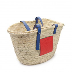 Cabas large en feuille de palmier et cuir rouge et bleu