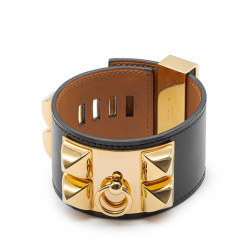 Pulsera Collier de Chien piel negra et plateado de oro