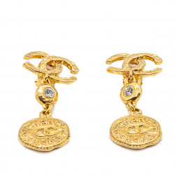 Paire de pendants d'oreilles clips en métal doré et strass